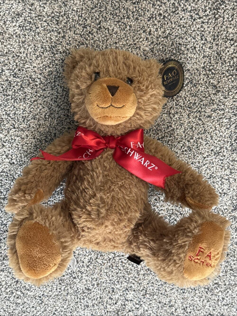 FAO Schwarz Brown Teddy Bear Red Ribbon 9" Seated Plush Stuffed Animal Toy